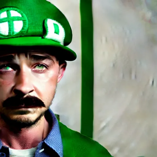 Prompt: uhd candid photo of shia lebeuouf dressed as luigi. cinematic lighting, photo by annie leibowitz, hyperdetailed.