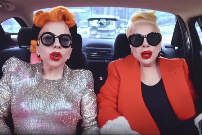 Image similar to lady gaga and judy garland doing carpool karaoke, lady gaga and judy garland, carpool karaoke, lady gaga, judy garland, carpool karaoke, youtube video screenshot, the late late show with james corden