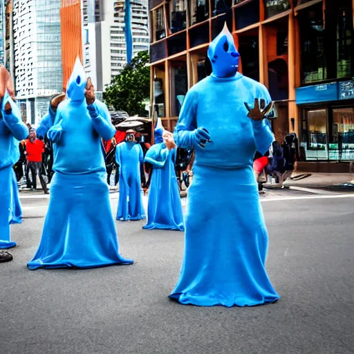 Image similar to surrealist conehead blue man group street performers photography