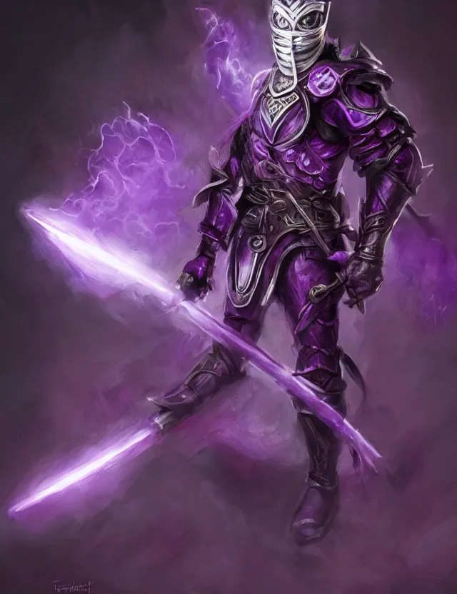 Image similar to a masked warrior in purple armour glowing violet, wielding a large purple sword that flashes with lightning, by frank fazetta and peter mohrbacher, trending on artstation, digital art, 4 k resolution, detailed, high quality, hq artwork, coherent, insane detail, concept art, character concept, character full body portrait