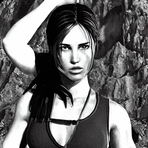 Image similar to 35mm film still of Lara Croft, figure portrait