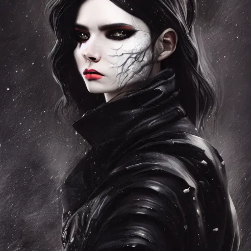 Image similar to furious dark haired women, wearing black coat, black makeup, ice mage, shooting ice, oil painting, fantasy artwork, fantastic artwork, 4 k, trending on artstation