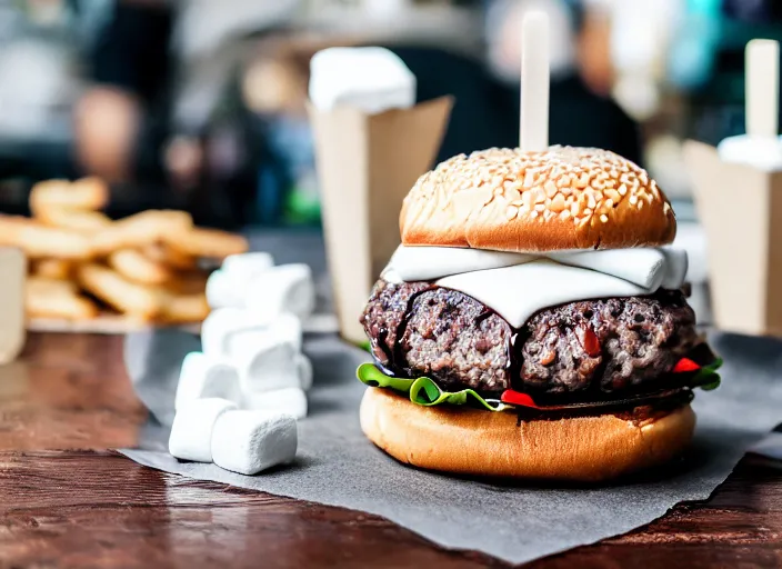 Image similar to dslr food photograph of burger with a layer of marshmallows in it, chocolate sauce, 8 5 mm f 1. 8