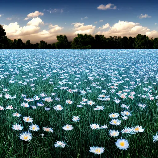 Prompt: a field of light blue daisies with a white sky in the background, matte painting