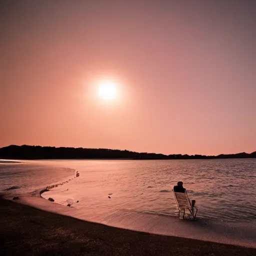 Image similar to a man sits on the beach by a lake on a moonless night, throwing pieces of his life into a fire. a great shapeless creature of darkness is drawn across the water to the light.