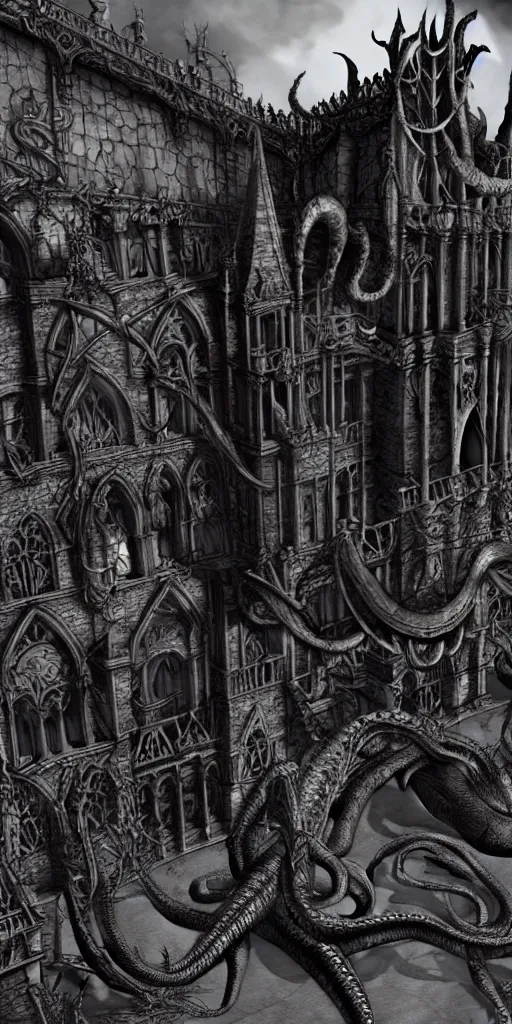 Image similar to extra wide view. Kraken. marvellous magic. Ominous. Gothic medieval baroque. Dry ground cracks. Hyper-detailed. Hyperreal. Unreal render.