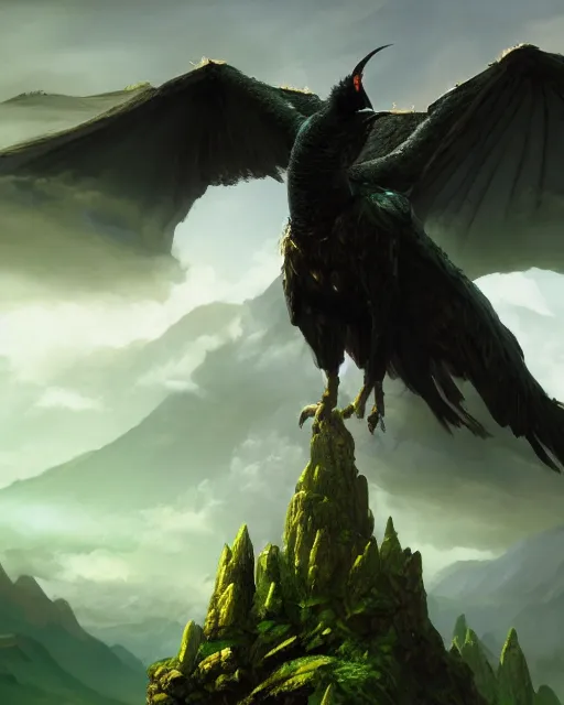Prompt: oil painting of a Anthropomorphized raven shaman casting spell on mountain, in the clouds behind transparant spirit of green dragon, sharp focus, heroic pose, fantasy style, octane render, volumetric lighting, 8k high definition, by greg rutkowski, highly detailed, trending on art Station, magic the gathering artwork, mountain background, centered