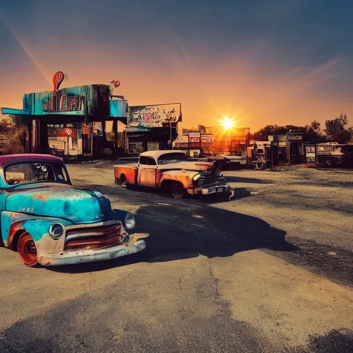 Image similar to a sunset light landscape with historical route 6 6, lots of sparkling details and sun ray ’ s, blinding backlight, smoke, volumetric lighting, colorful, octane, 3 5 mm, abandoned gas station, old rusty pickup - truck, beautiful epic colored reflections, very colorful heavenly, softlight