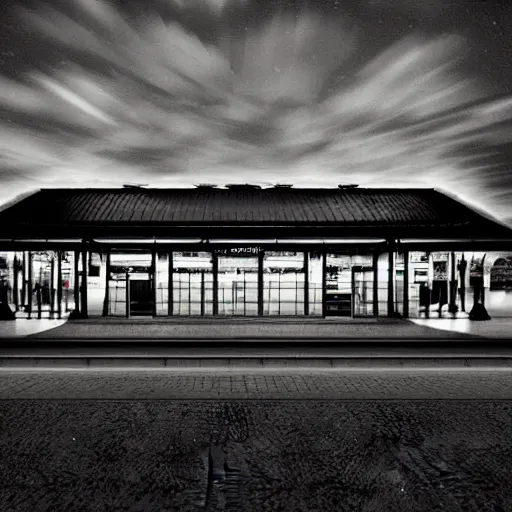 Image similar to train station designed by tim burton at night art digital