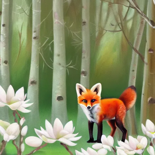 Image similar to cute small red fox in the middle of a white magnolia forest, wide shot, fantasy, oil on canvas