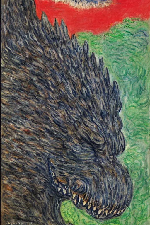 Image similar to portrait of shinzo abe face on Godzilla painting by claude monet