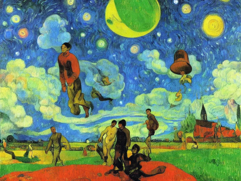 Prompt: bright beautiful oil painting of flying saucer abducting paul gauguin from arles france with a glowing green light, light scatter, van gogh