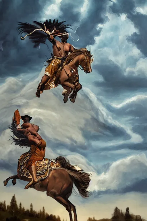 Prompt: a dramatic ethereal epic painting of a handsome black chubby cowboy riding a stallion | background is thunderclouds and mountains | homoerotic, art deco, art nouveau, highly detailed | by Mark Maggiori | trending on artstation