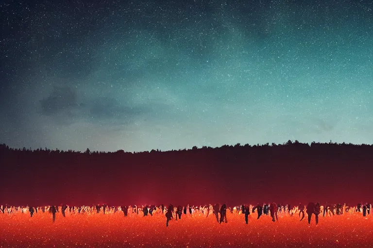 Prompt: many lights in a field, a large group of people standing in front of a sky filled with stars, a matte painting by beeple, unsplash, space art, 3 8 4 0 x 2 1 6 0, glowing lights, like fireflies, octane render