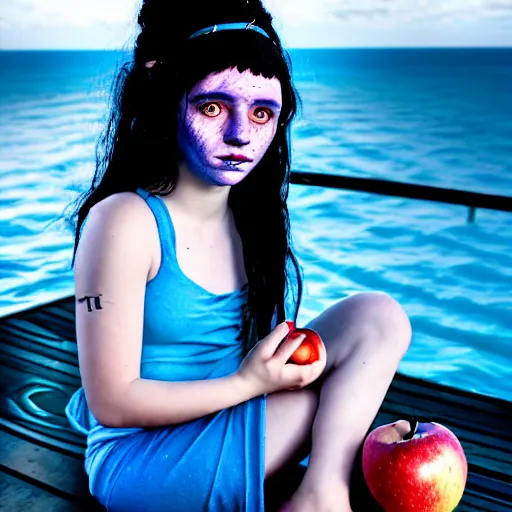 Image similar to a dnd Triton girl with blue skin and messy black hair sitting on the deck of a ship and holding an apple, a little blue-skinned girl with messy black hair sharp pointed ears freckles along the ridges of her cheeks, dnd triton, high resolution film still, 4k, HDR colors