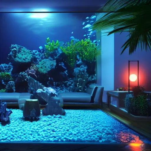 Prompt: videogame screenshot of a very dark dreamy luxury maximalist living room, saltwater aquarium with beautiful tropical fish, candlelight, sunset glow, dark shadows, octane render, volumetric lighting, raytracing, symmetrical wide shot low angle