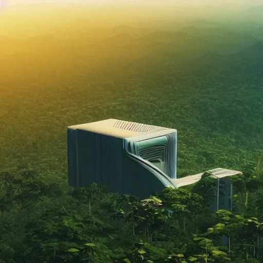 Image similar to extreme wide shot a flock of bird sitting on top of futuristic containment building in a rainforest valley with a city in the distance, national geographic, hyper realistic, 4 k, warm light, the will to endure, artstation