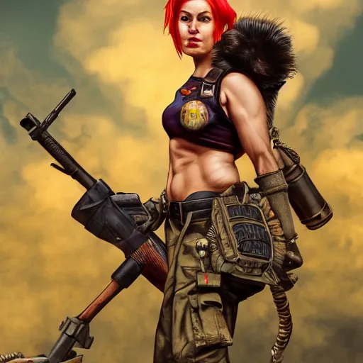 Image similar to tank girl, ultra highly detailed, fine art, action pose, wild eyes, big hammer, 4 k