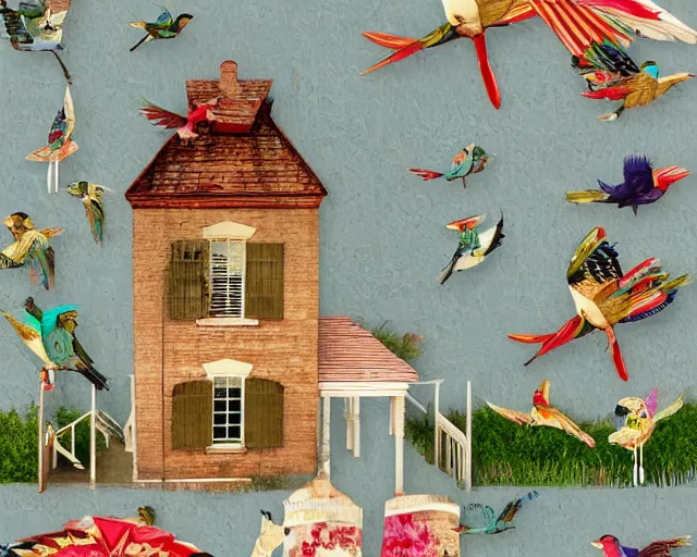 Image similar to detailed house, seen from the distance. maximalist paper birds flying. with unexpected fabric elements. 8 x 1 6 k hd mixed media 3 d collage in the style of a childrenbook illustration in soft natural tones. matte background no frame hd