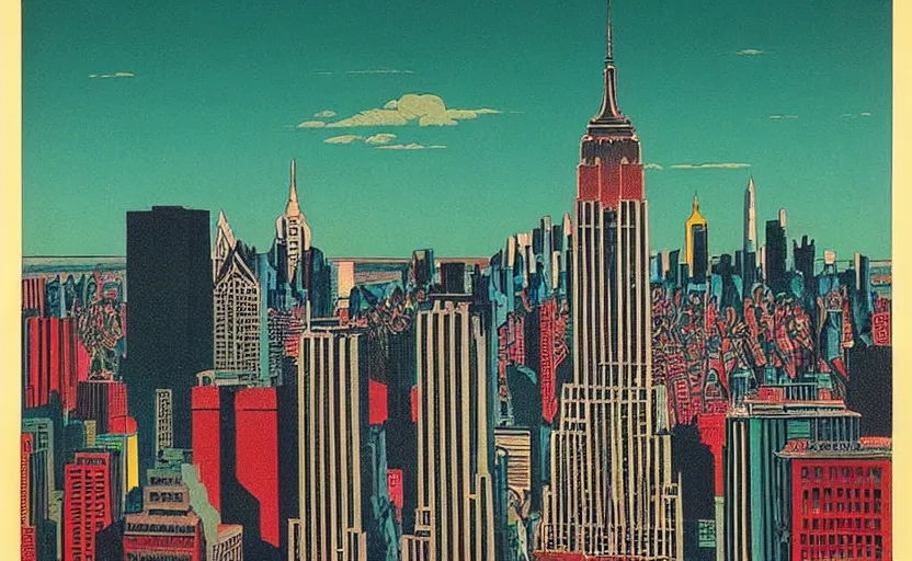 Prompt: vaporwave art deco lithograph of new york city by adolphe millot