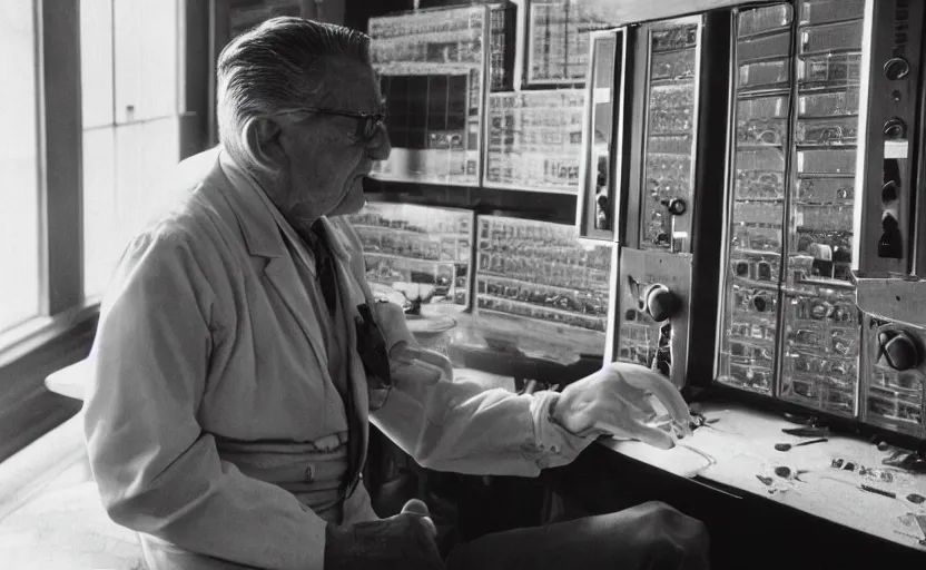 Image similar to 50s movie still close-up portrait of an elder scientist working in a victorian house on a 19th century supercomputer, by David Bailey, Cinestill 800t 50mm eastmancolor, heavy grainy picture, very detailed, high quality, 4k, HD criterion, precise texture and facial expression