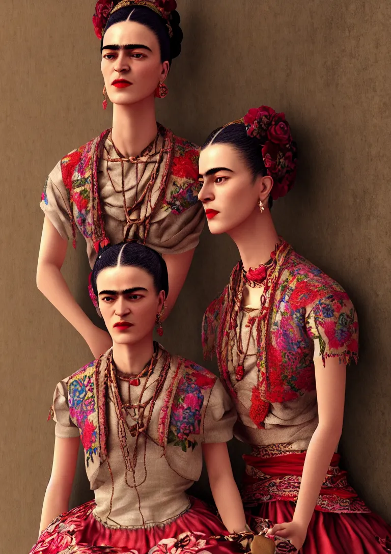 Image similar to cloths on frida khalo style, high detailed intricate fashion clothing, cotton texture, silk colors, ultra realistic, octane render, volumetric lights, long, wide skirts, loose - fitting blouses, elaborate hairstyles, and intricate embroidery