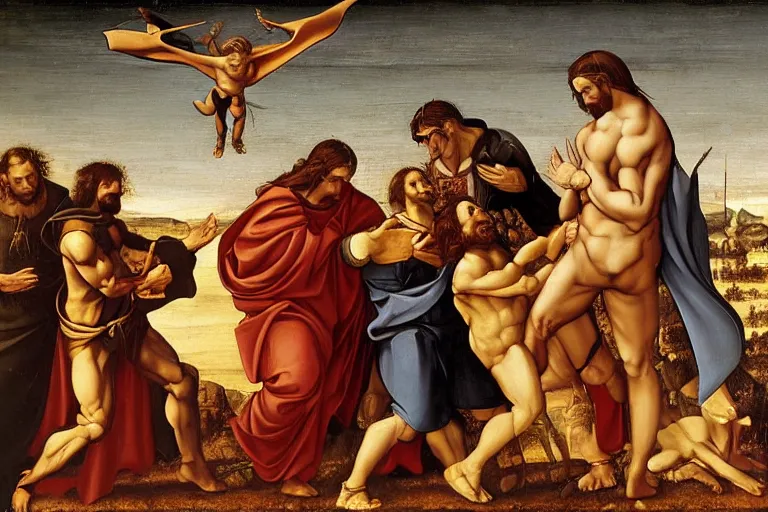 Image similar to jesus fighting batman renaissance oil painting by da vinci