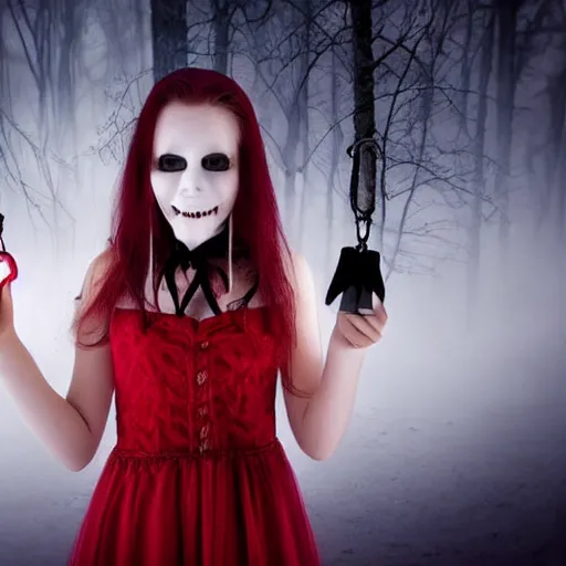 Prompt: a vampire girl with a creepy smile on her pure white face, shes holding a key in her right hand and she is staring into your soul, in the background a dark red forest is burning to ashes