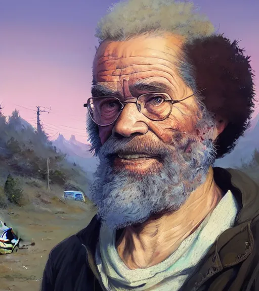 Image similar to Highly detailed portrait of homeless Bob Ross, in GTA V, Stephen Bliss, unreal engine, fantasy art by Greg Rutkowski, Loish, Rhads, ferdinand knab, Makoto Shinkai and Lois van baarle, ilya kuvshinov, rossdraws, Tom Bagshaw, global illumination, radiant light, detailed and intricate environment