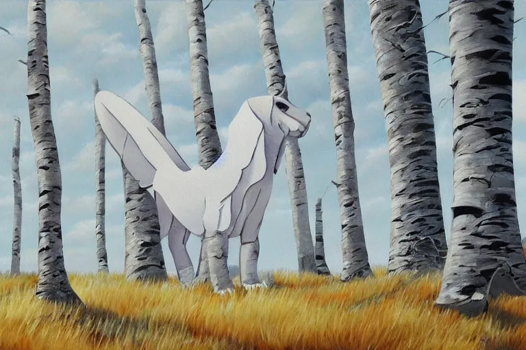 Image similar to White Sphinx and birch trees, game art matt painting