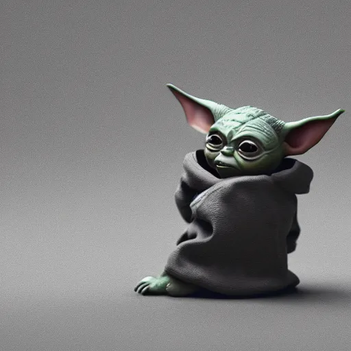 Image similar to profile shot of Baby Yoda with black background, strong bokeh, dramatic, cinematic, high contrast, octane render, 4k