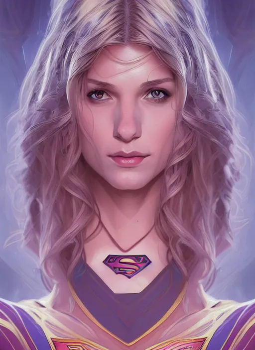 Prompt: symmetry portrait of supergirl, intricate, elegant, highly detailed, digital painting, artstation, concept art, smooth, sharp focus, illustration, art by artgerm and greg rutkowski and alphonse mucha, 8 k