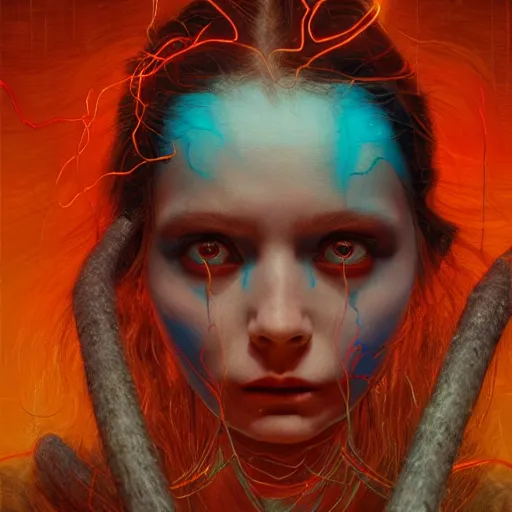 Image similar to Portrait Masterpiece, Wanda Maximoff, furious, red and cyan, glowing, wires everywhere, by Edgar Maxence and Ross Tran, Zdzisław Beksiński, and Michael Whelan, distant, gustav dore, H.R. Giger, 8k, octane render