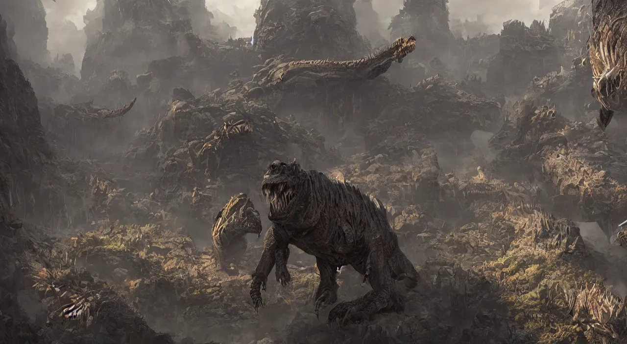 Image similar to technicolor glowing prehistoric beasts, surrounded by slate grey walls, insane details, dramatic lighting, unreal engine 5, concept art, greg rutkowski, james gurney, johannes voss, hasui kawase.