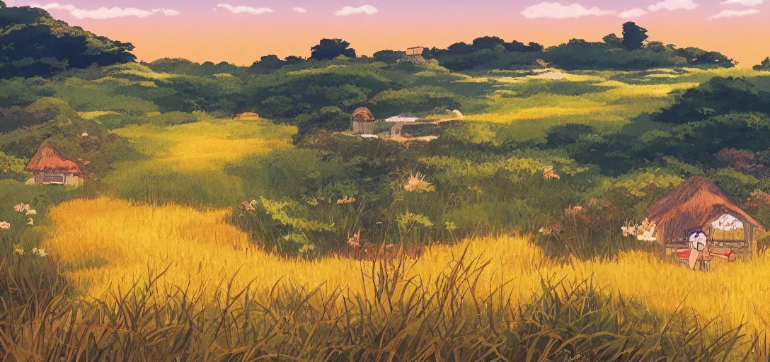 Image similar to countryside next to the ocean by studio ghibli, peaceful, serene, blissful, golden hour
