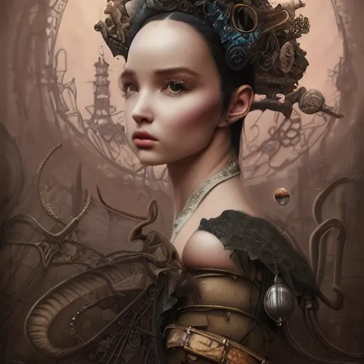 Image similar to tom bagshaw, grotesque and bizarre curiosities in steampunk lovecraftian world, beautiful asian mix of dove cameron madison beer bella poarch in a full dress, pure makeup, professionally retouched, focus eyes, ultra realistic soft painting, insanely detailed linework, symmetrical accurate intricate features, behance, 8 k