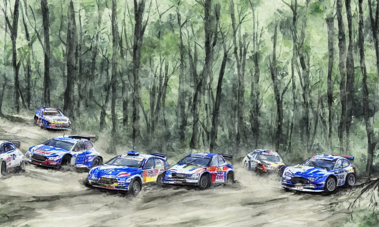 Image similar to 3 rally cars racing through a forest with a river behind them, sun shining through the trees, water colour,