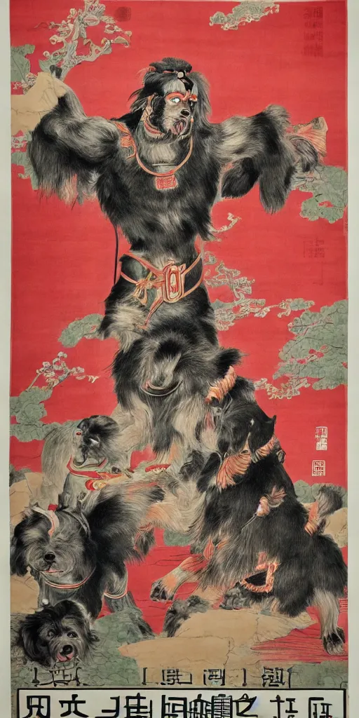 Image similar to chinese propaganda poster, dog as a god as the centerpiece, detailed face, gorgeous, amazing, flowing hair, very muscular male body, caesar victorious, proud emperor, crepuscular ray, intricate, highly detailed