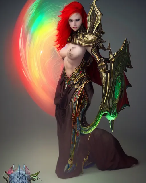 Prompt: red - haired final fantasy white marble egyptian big eyed nun caressing her shiny rainbow dragon, warframe armor, regal, attractive, ornate, sultry, sexy, beautiful, elize theron, pretty face, green eyes, scifi platform, 4 k, ultra realistic, epic lighting, illuminated, cinematic, black gold, art by alexandra petruk, voidstar