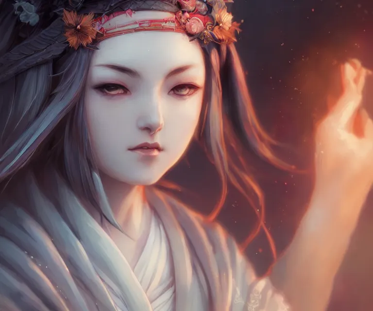 Prompt: cute friendly shrine maiden by charlie bowater and titian and artgerm, intricate, face, japanese shrine, elegant, beautiful, highly detailed, dramatic lighting, sharp focus, trending on artstation, artstationhd, artstationhq, unreal engine, 4 k, 8 k