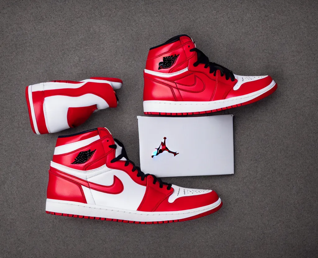 Prompt: a press photograph of nike air jordan 1 high red and white, size 1 0, white background