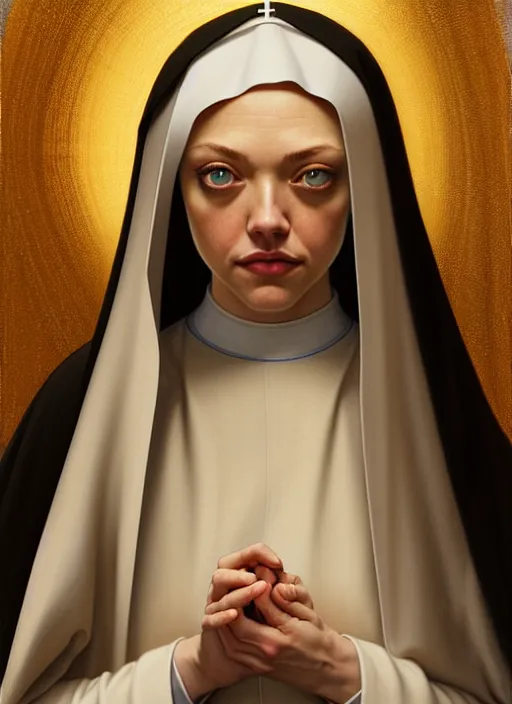 Image similar to portrait of amanda seyfried as a nun, catholic, church, bible, christian, intrigante, headshot, highly detailed, digital painting, artstation, concept art, sharp focus, cinematic lighting, illustration, art by artgerm and greg rutkowski, alphonse mucha, cgsociety