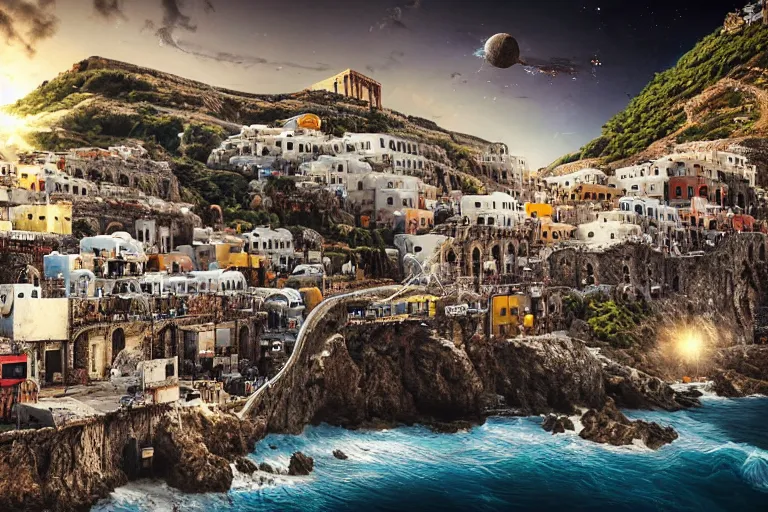 Image similar to grecian favela sculpture, urban shopping environment, industrial factory, cliffs, sunny, milky way, award winning art, epic dreamlike fantasy landscape, ultra realistic,