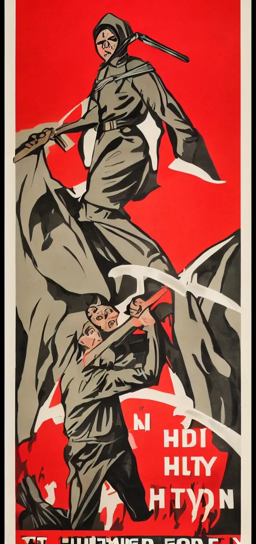 Image similar to man in hood and red eyes with a knife, 1940s propaganda poster, full hd,highly detailed