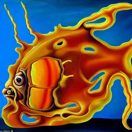 Image similar to oil painting of caramel cornstar fish by salvador dali, highly detailed, painted by someone who paints with their toes