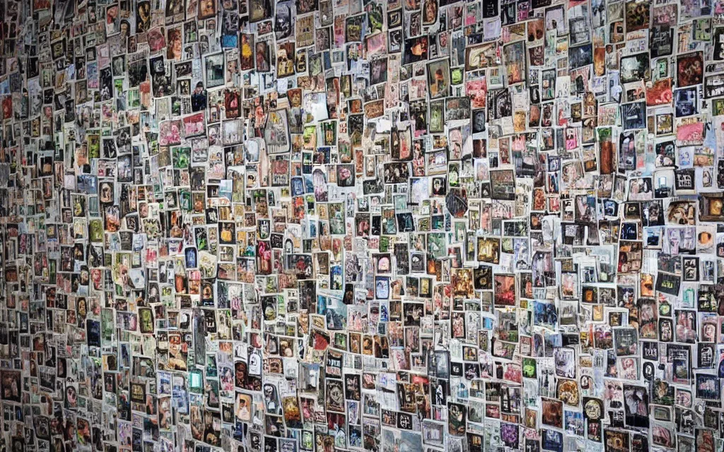 Prompt: photo of a wall covered in hundreds of pictures of a wall with hundreds of pictures of a wall with hundreds of pictures, 8k