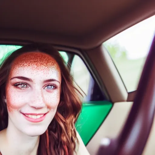 Image similar to beautiful selfie of a cute young woman with vivid emerald green eyes, sitting in her car, long bronze brown hair, flushed face, red blush, light freckles, big puffy lips, smiling softly, soft features, 8 k, sharp focus, instagram, portra 4 0 0