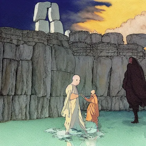 Image similar to a hyperrealist studio ghibli watercolor fantasy concept art. in the foreground is a giant monk in a grey robe lifting a stone. in the background is stonehenge. the scene is underwater on the sea floor. by rebecca guay, michael kaluta, charles vess