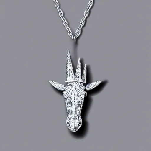 Image similar to a lovely silver unicorn necklace pendant, 3 d rendering, in the style of pandora, tiffany, swarovski, van cleef & arpels, cartier, boucheron, bulgari, chaumet, elegant, noble, stylish