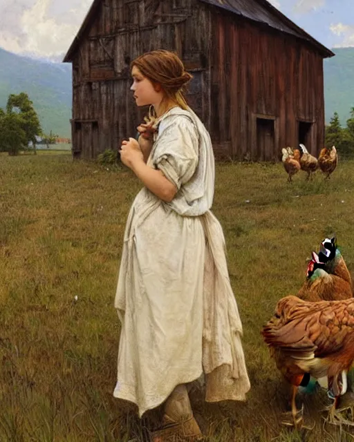 Prompt: side portrait Appalachian farm girl with detailed features, weathered barn in the backdrop, chickens on the ground, Appalachian trees, sharp focus, illustration, highly detailed, oil painting, matte, art by Greg Rutkowski and Alphonse Mucha, masterpiece